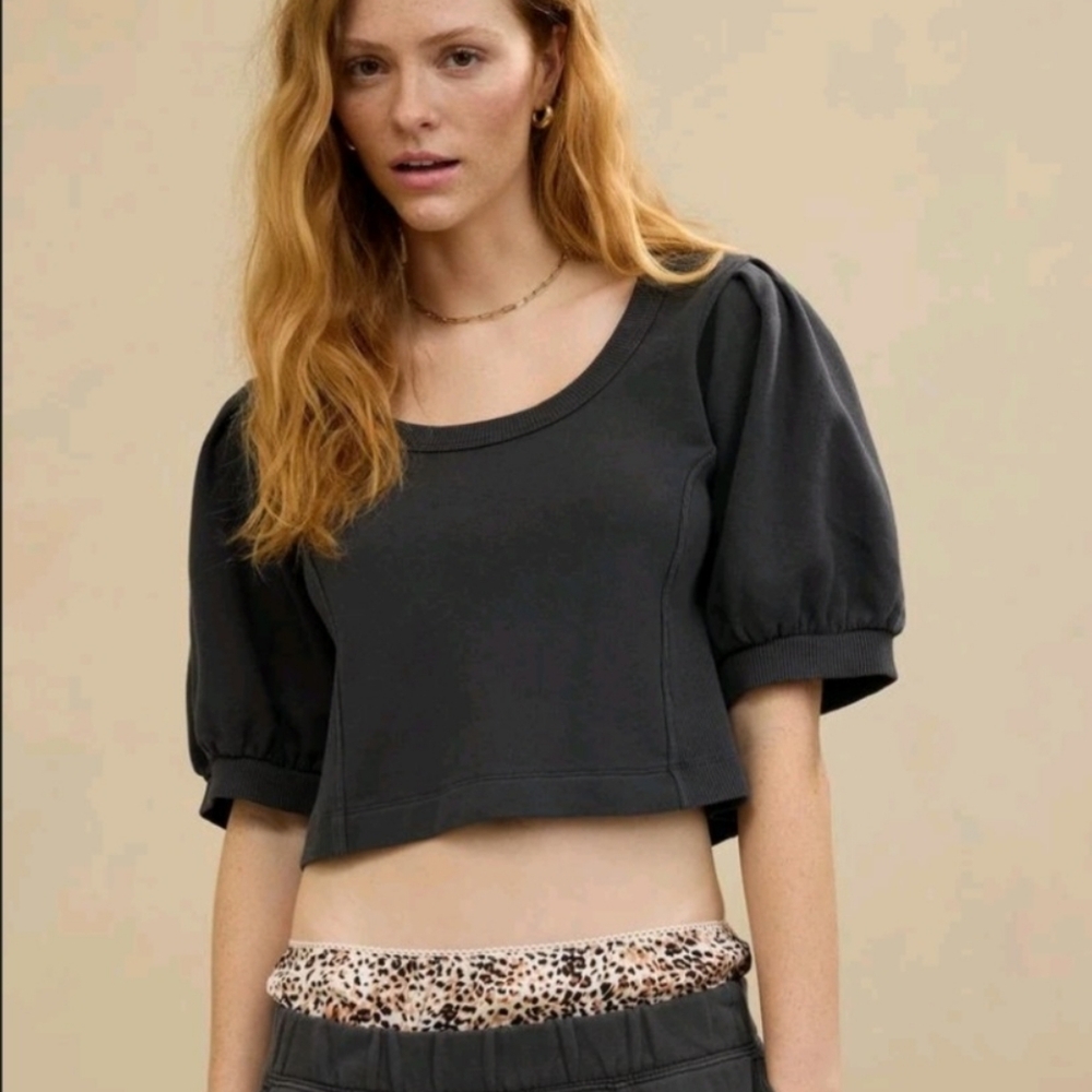 AERIE Seams Right Gray Puff Sleeve Cropped Ribbed Sweatshirt‎ Women's Size L